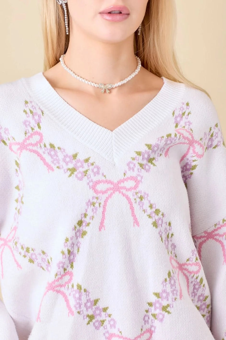 Jacquard Bow Sweater-Pink