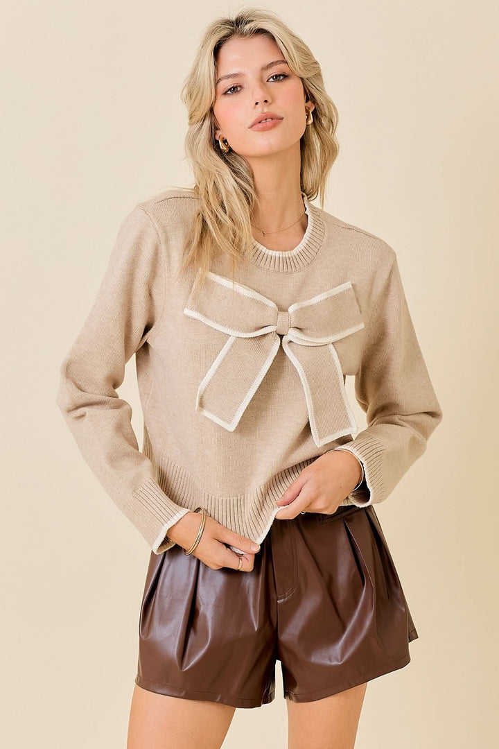 Gift Bow Sweater-Taupe