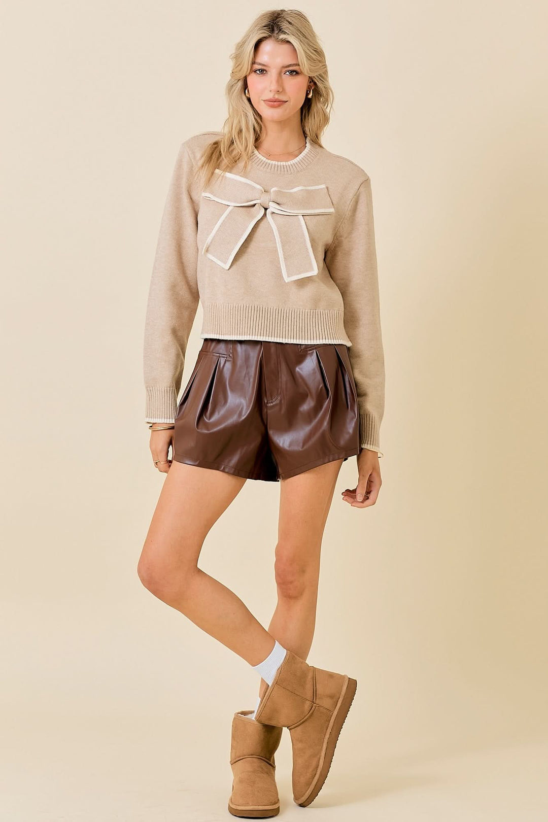 Gift Bow Sweater-Taupe