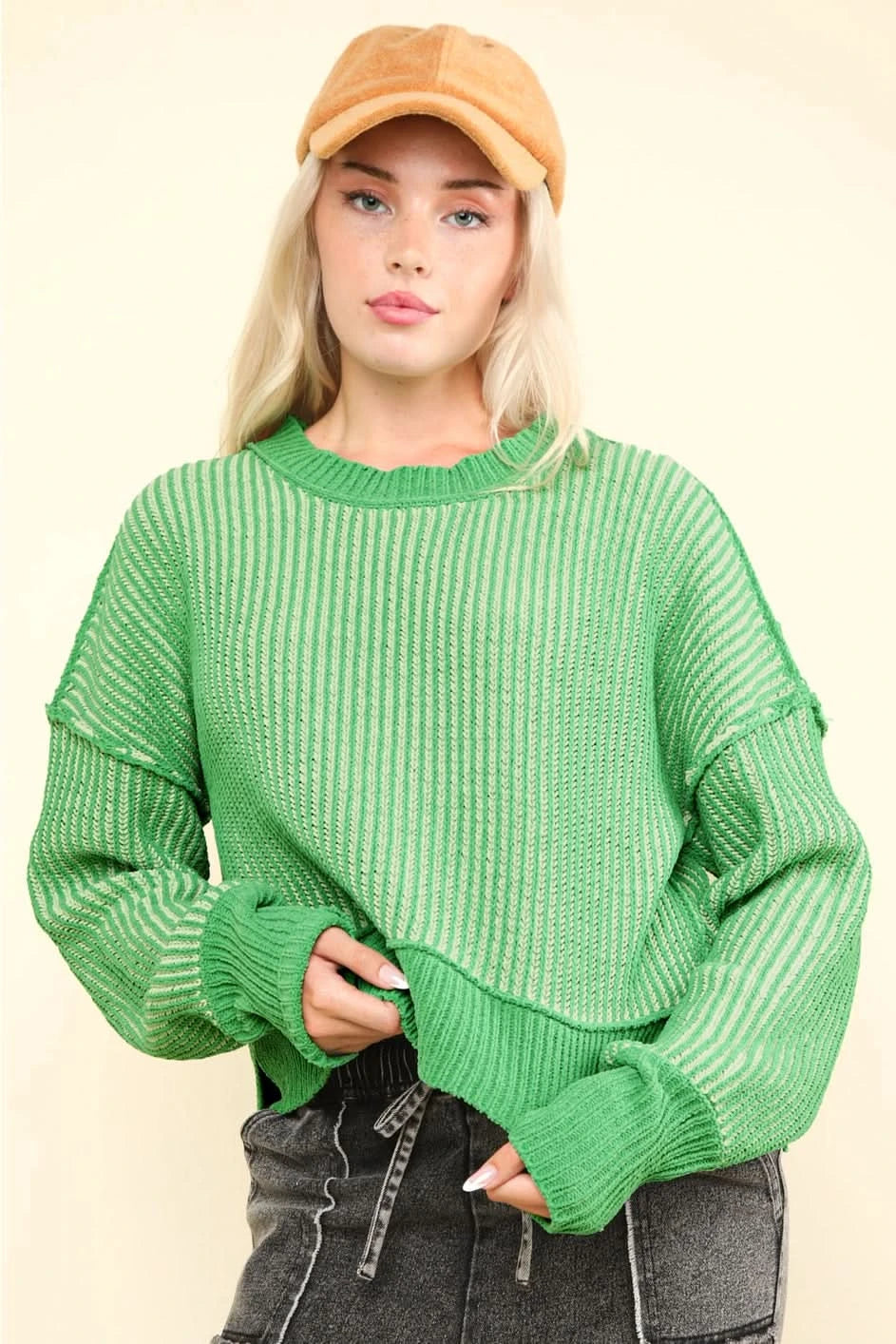 Two Toned Striped Sweater-Green