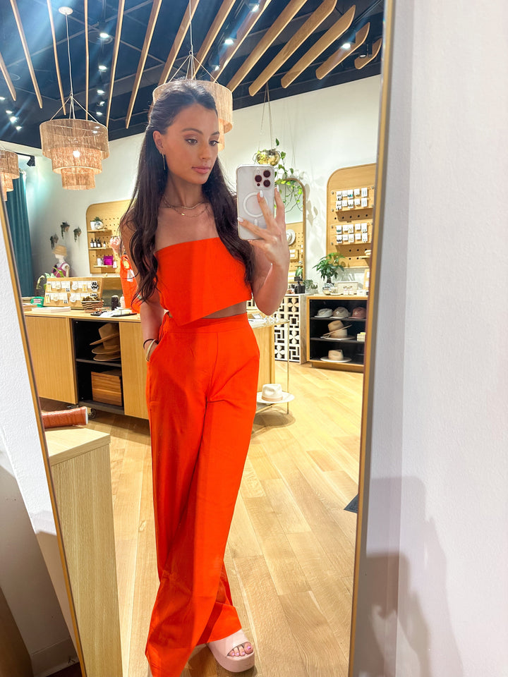 Strapless Asymmetrical Crop Top Pant Set-Orange