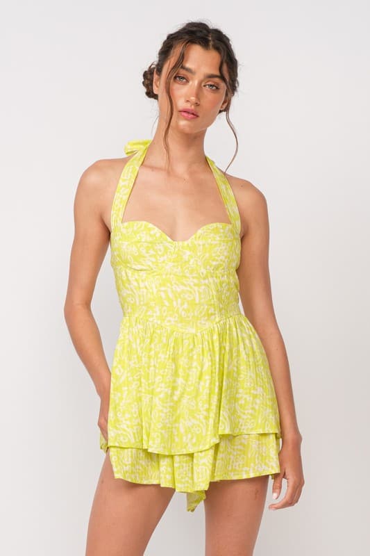 Floral Corset Halter Romper Dress-Lime