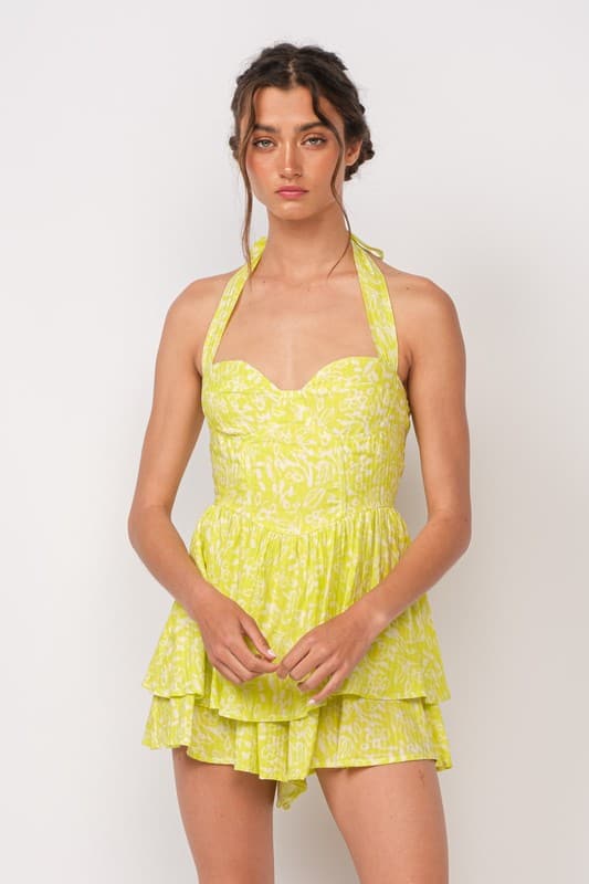 Floral Corset Halter Romper Dress-Lime