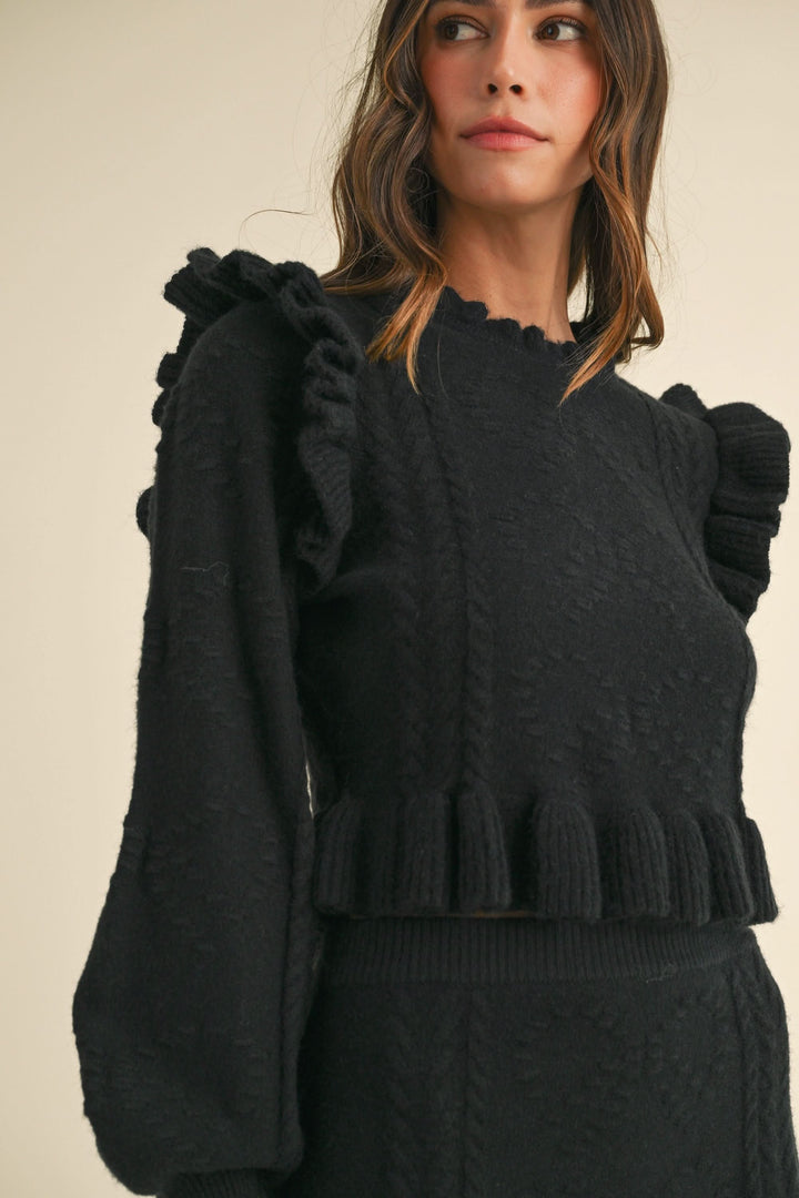 Ruffled  Sweater Skirt Set-Black