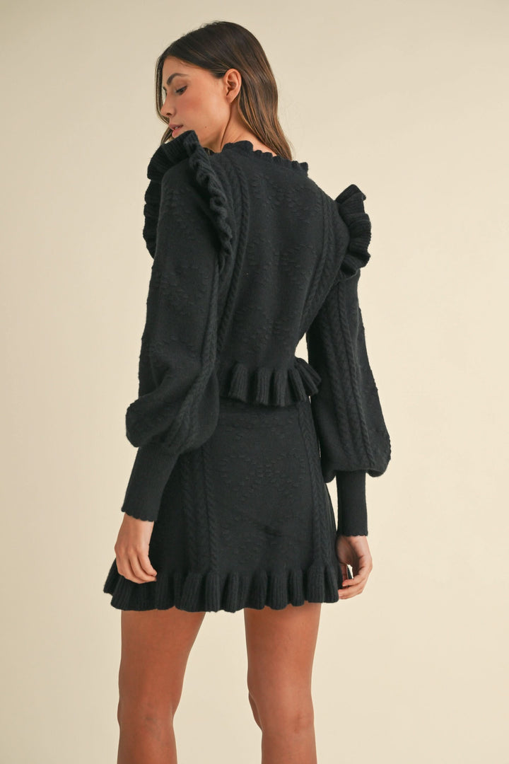 Ruffled  Sweater Skirt Set-Black