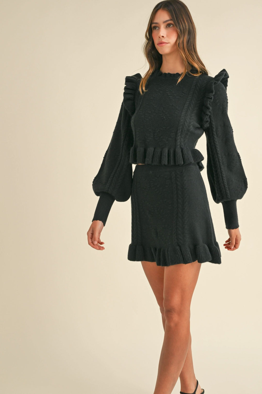 Ruffled  Sweater Skirt Set-Black