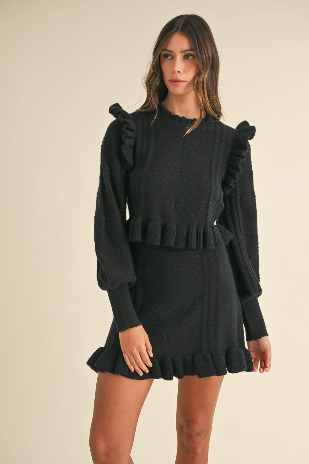 Ruffled  Sweater Skirt Set-Black