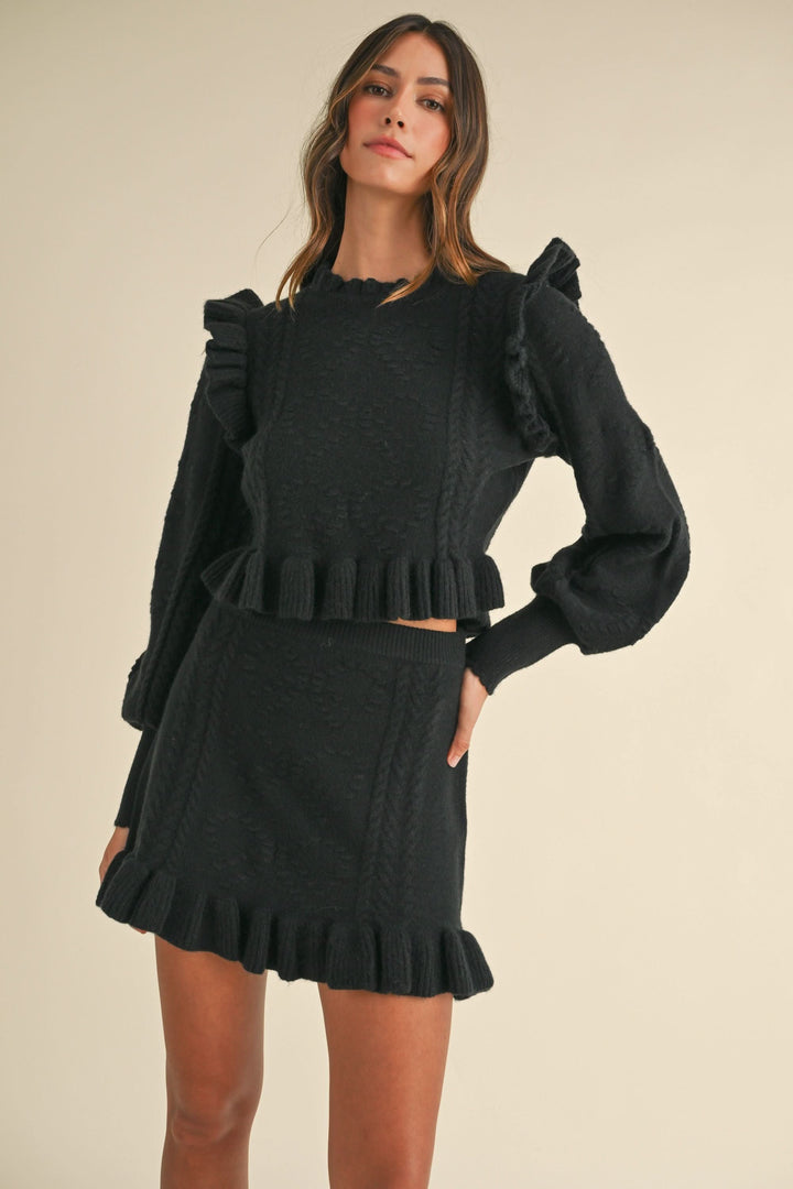 Ruffled  Sweater Skirt Set-Black