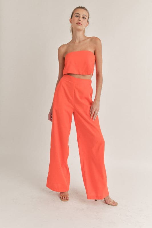 Strapless Asymmetrical Crop Top Pant Set-Orange