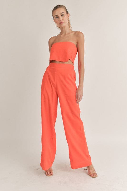 Strapless Asymmetrical Crop Top Pant Set-Orange