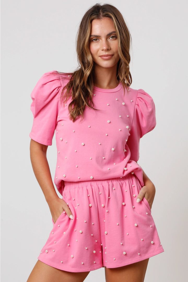 Pearl Embellished Short Set-Pink