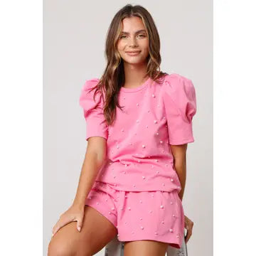 Pearl Embellished Short Set-Pink