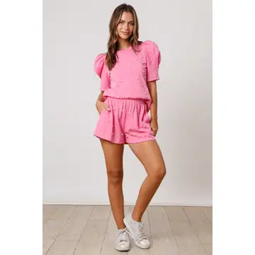 Pearl Embellished Short Set-Pink