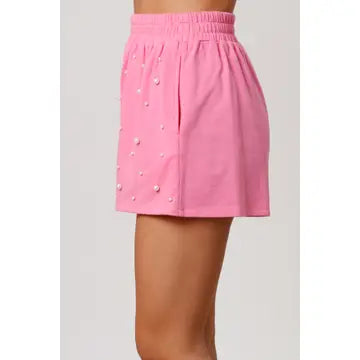 Pearl Embellished Short Set-Pink