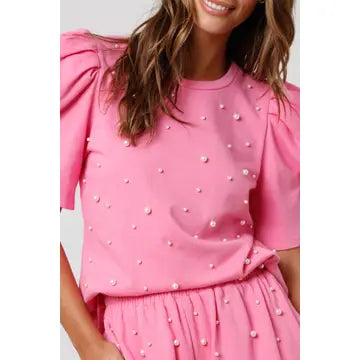 Pearl Embellished Short Set-Pink
