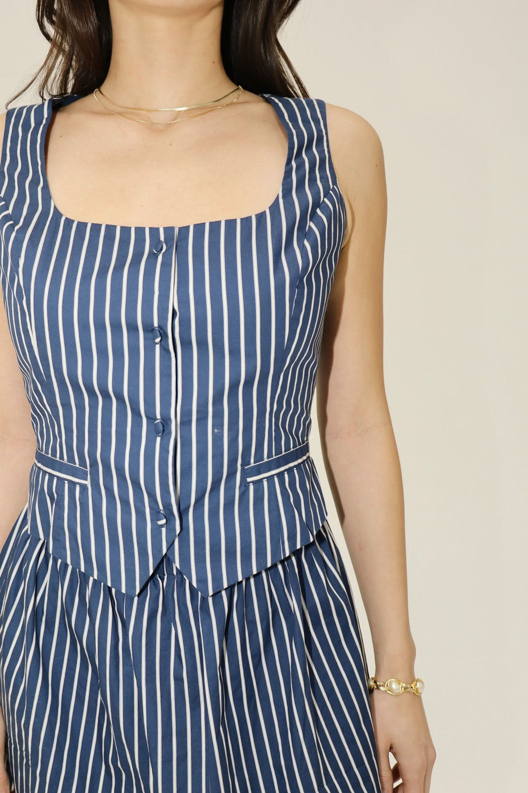 Pinstripe Sleeveless Mini Dress-Navy