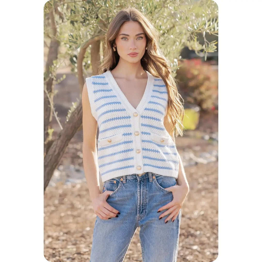 Crochet Knit Vest-Ivory/Blue